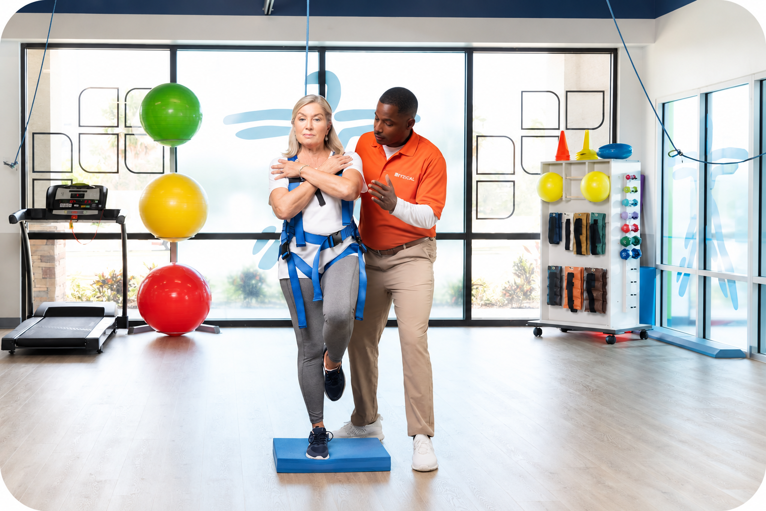 A physical therapist assisting a patient with balance training on a foam pad in a FYZICAL clinic.