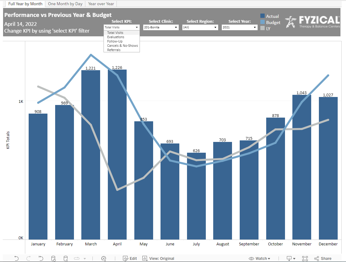 FYZICAL Business Intelligence Performancevs. Previous Year & Budget report